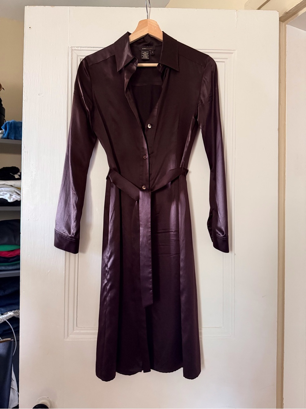 BCBGMaxAzria Satin Long Sleeve Shirt Dress in Plum